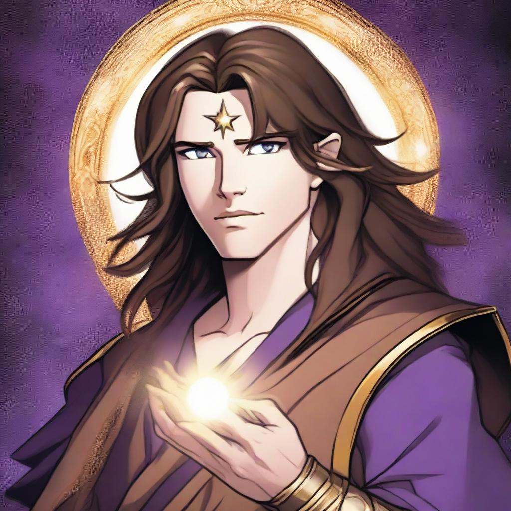 A white-skinned teen sorcerer with long brown hair, violet eyes, and a thin brown beard