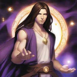 A white-skinned teen sorcerer with long brown hair, violet eyes, and a thin brown beard