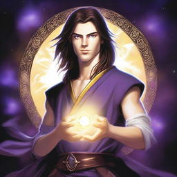 A white-skinned teen sorcerer with long brown hair, violet eyes, and a thin brown beard