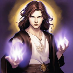 A white-skinned teen sorcerer with long brown hair, violet eyes, and a thin brown beard