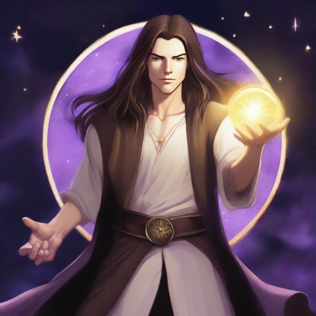 A white-skinned teen sorcerer with long brown hair, violet eyes, and a thin brown beard