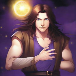 A white-skinned teen sorcerer with long brown hair, violet eyes, and a thin brown beard