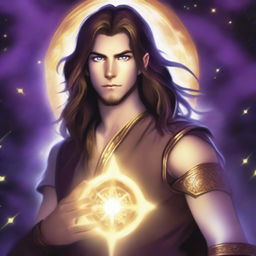 A white-skinned teen sorcerer with long brown hair, violet eyes, and a thin brown beard