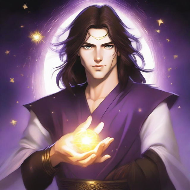 A white-skinned teen sorcerer with long brown hair, violet eyes, and a thin brown beard