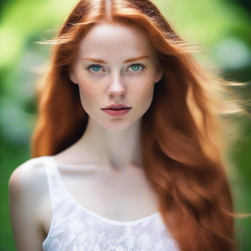 A beautiful young woman with long ginger hair flowing gracefully, captivating green eyes, and white skin with charming freckles