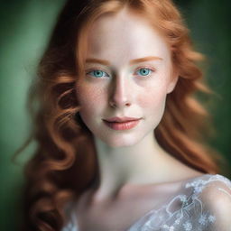 A beautiful young woman with long ginger hair flowing gracefully, captivating green eyes, and white skin with charming freckles