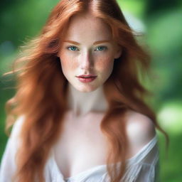 A beautiful young woman with long ginger hair flowing gracefully, captivating green eyes, and white skin with charming freckles