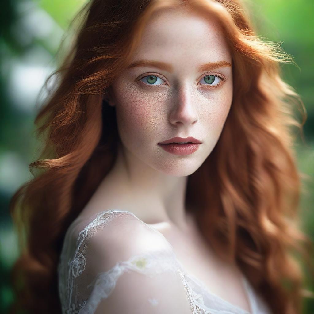 A beautiful young woman with long ginger hair flowing gracefully, captivating green eyes, and white skin with charming freckles