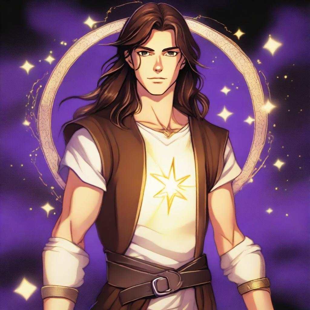 A teenage sorcerer with long brown hair, violet eyes, a thin brown beard, and white skin