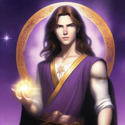 A teenage sorcerer with long brown hair, violet eyes, a thin brown beard, and white skin