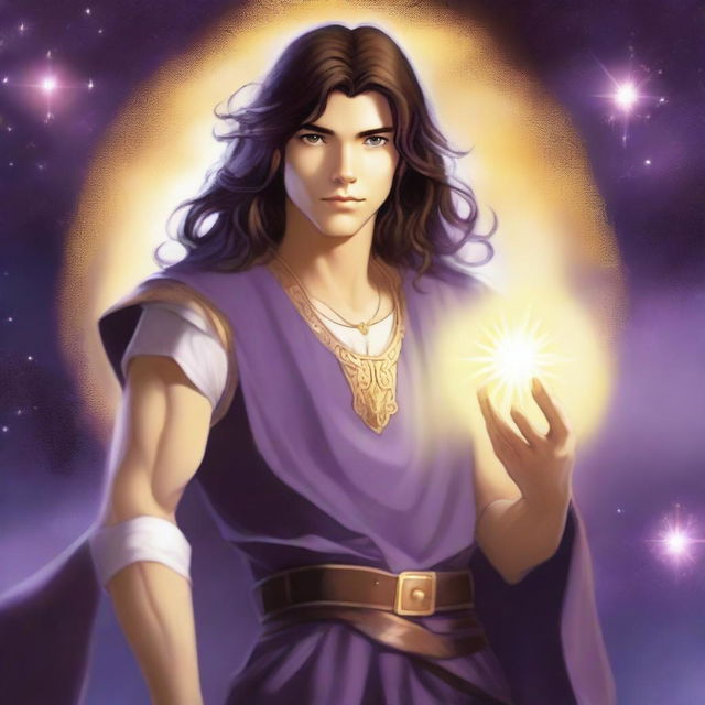 A teenage sorcerer with long brown hair, violet eyes, a thin brown beard, and white skin