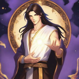 A teenage sorcerer with long brown hair, violet eyes, a thin brown beard, and white skin