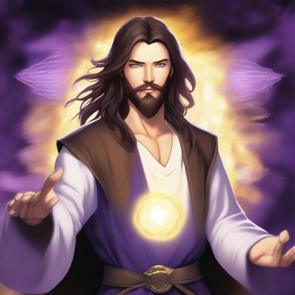 A white-skinned teen sorcerer with long brown hair, violet eyes, and a brown beard