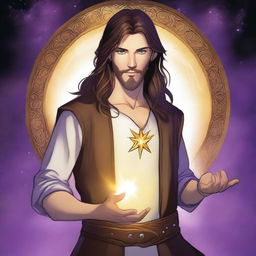 A white-skinned teen sorcerer with long brown hair, violet eyes, and a brown beard