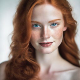 A beautiful young woman with long, flowing ginger hair, dark green eyes, and white skin adorned with charming freckles