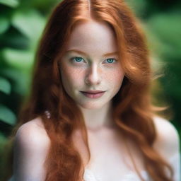 A beautiful young woman with long, flowing ginger hair, dark green eyes, and white skin adorned with charming freckles