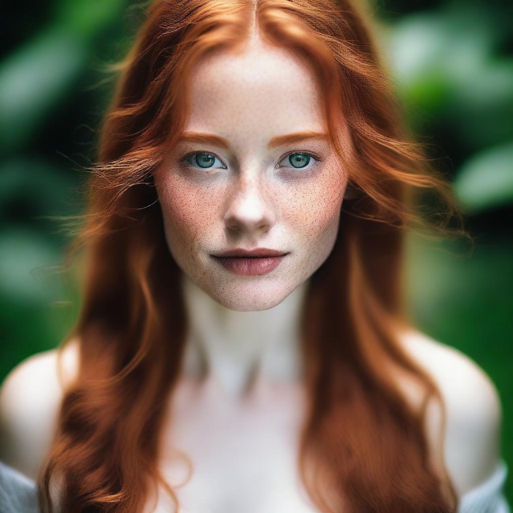 A beautiful young woman with long, flowing ginger hair, dark green eyes, and white skin adorned with charming freckles