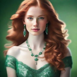 A beautiful young woman with long, flowing ginger hair, captivating green eyes, and white skin adorned with charming freckles