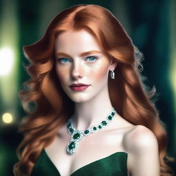 A beautiful young woman with long, flowing ginger hair, enchanting green eyes, and white skin adorned with charming freckles