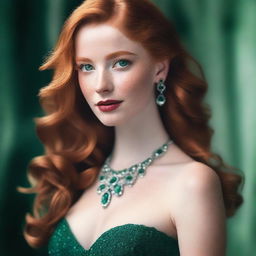 A beautiful young woman with long, flowing ginger hair, enchanting green eyes, and white skin adorned with charming freckles