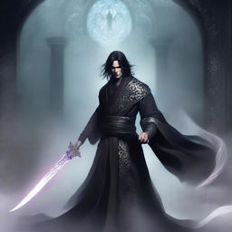 A Shadar-Kai male bladesinger with black hair and ashen skin, standing in a shadowy, ethereal realm