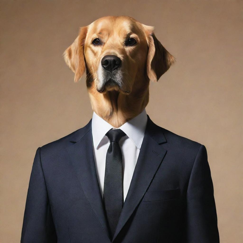 Surreal fashion artwork of a silhouette of a man in a suit, but instead of a human head, there exists a photorealistic, well-groomed golden retriever's head.