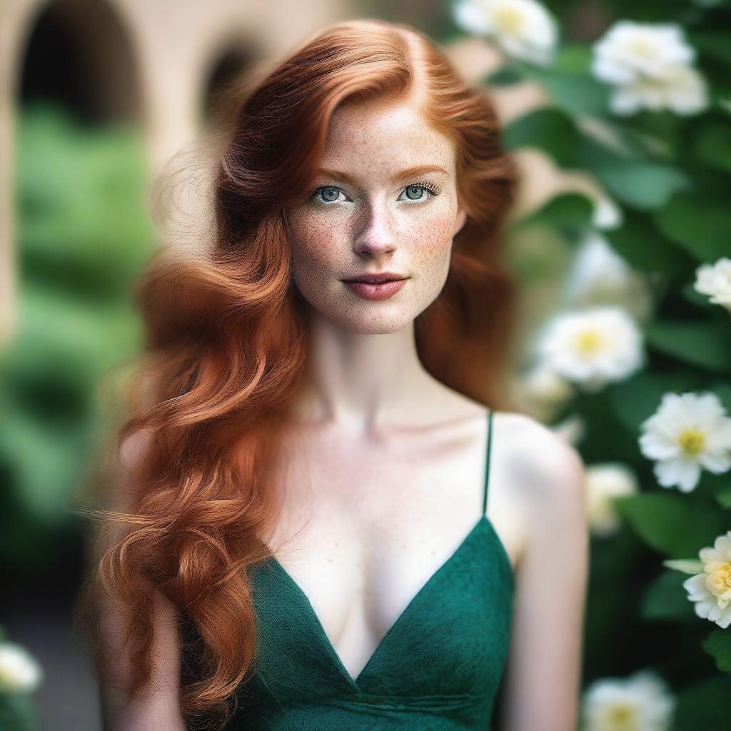 A beautiful young woman with long, flowing ginger hair, captivating green eyes, and white skin adorned with charming freckles