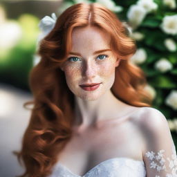 A beautiful young woman with long, flowing ginger hair, captivating green eyes, and white skin adorned with charming freckles