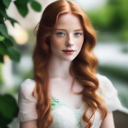 A beautiful young woman with long, flowing ginger hair, captivating green eyes, and white skin adorned with charming freckles