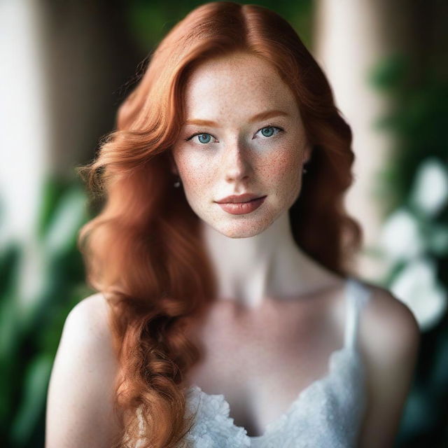 A beautiful young woman with long, flowing ginger hair, captivating green eyes, and white skin adorned with charming freckles