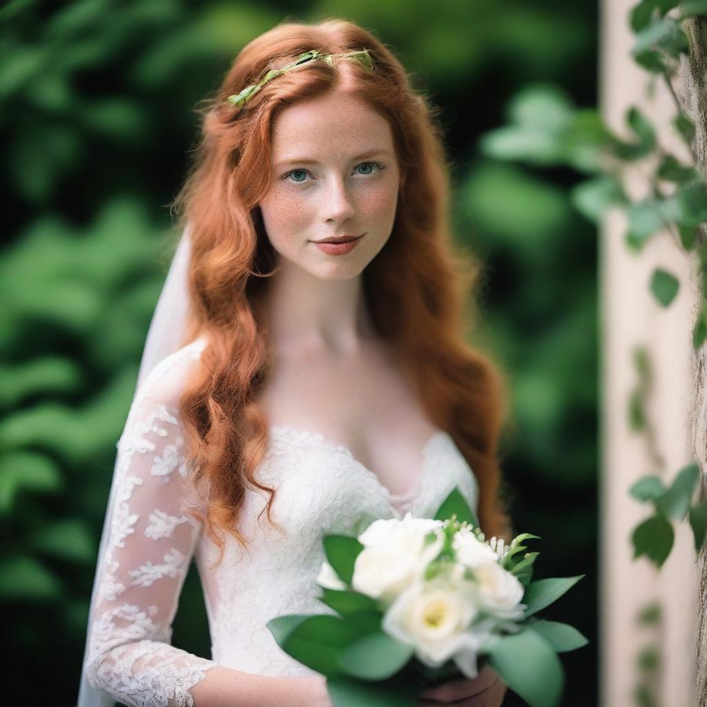 A beautiful young bride with long, flowing ginger hair, captivating green eyes, and white skin adorned with charming freckles