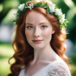 A beautiful young bride with long, flowing ginger hair, captivating green eyes, and white skin adorned with charming freckles