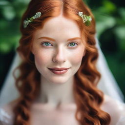 A beautiful young bride with long, flowing ginger hair, captivating green eyes, and white skin adorned with charming freckles