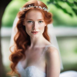 A beautiful young bride with long, flowing ginger hair, captivating green eyes, and white skin adorned with charming freckles