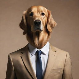 Surreal fashion artwork of a silhouette of a man in a suit, but instead of a human head, there exists a photorealistic, well-groomed golden retriever's head.