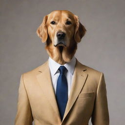 Surreal fashion artwork of a silhouette of a man in a suit, but instead of a human head, there exists a photorealistic, well-groomed golden retriever's head.