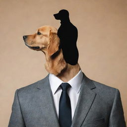 Surreal fashion artwork of a silhouette of a man in a suit, but instead of a human head, there exists a photorealistic, well-groomed golden retriever's head.