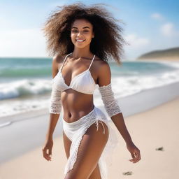 A beautiful young Black woman with a well-endowed but toned body, strolling along the beach