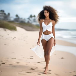 A beautiful young Black woman with a well-endowed but toned body, strolling along the beach