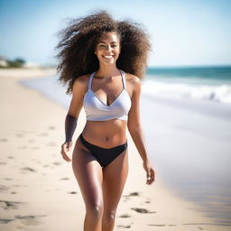 A beautiful young Black woman with a well-endowed but toned body, strolling along the beach