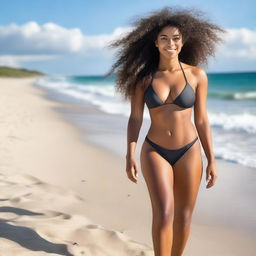 A beautiful young Black woman with a well-endowed but toned body, strolling along the beach