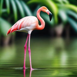 A graceful flamingo standing on one leg in a serene environment