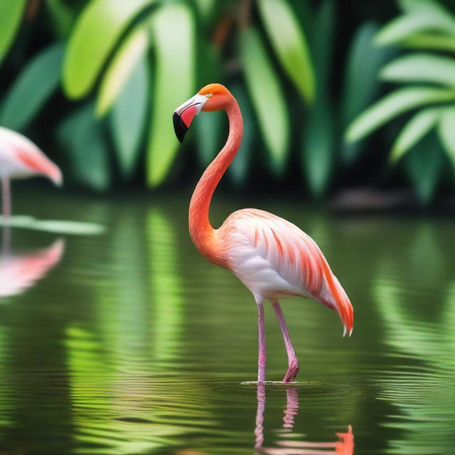 A graceful flamingo standing on one leg in a serene environment