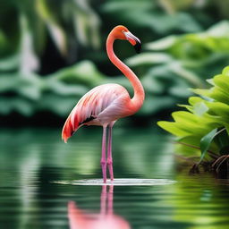 A graceful flamingo standing on one leg in a serene environment