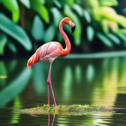 A graceful flamingo standing on one leg in a serene environment