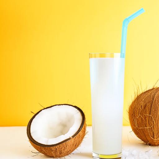 A tall glass filled with cloudy, pulp-rich coconut water, with a straw sticking out and a wedge of coconut on the side.