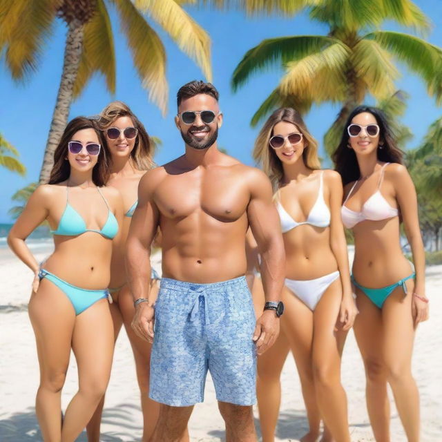 A man surrounded by attractive women in bikinis, posing on a sunny beach with clear blue skies and palm trees in the background