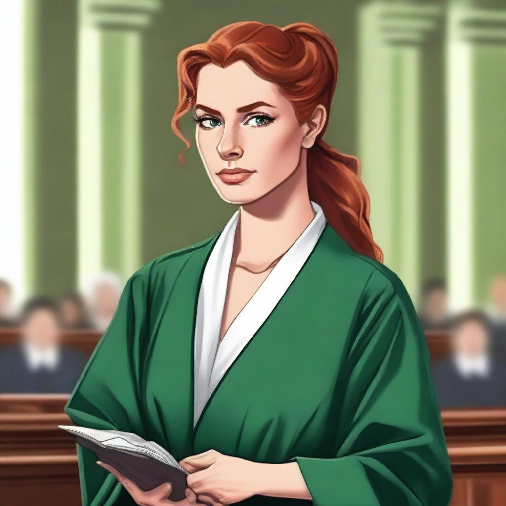 A beautiful young French woman with ginger hair tied in a ponytail and striking green eyes, wearing traditional French lawyer robes