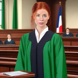 A beautiful young French woman with ginger hair tied in a ponytail and striking green eyes, wearing traditional French lawyer robes