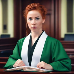 A beautiful young French woman with ginger hair tied in a ponytail and striking green eyes, wearing traditional French lawyer robes